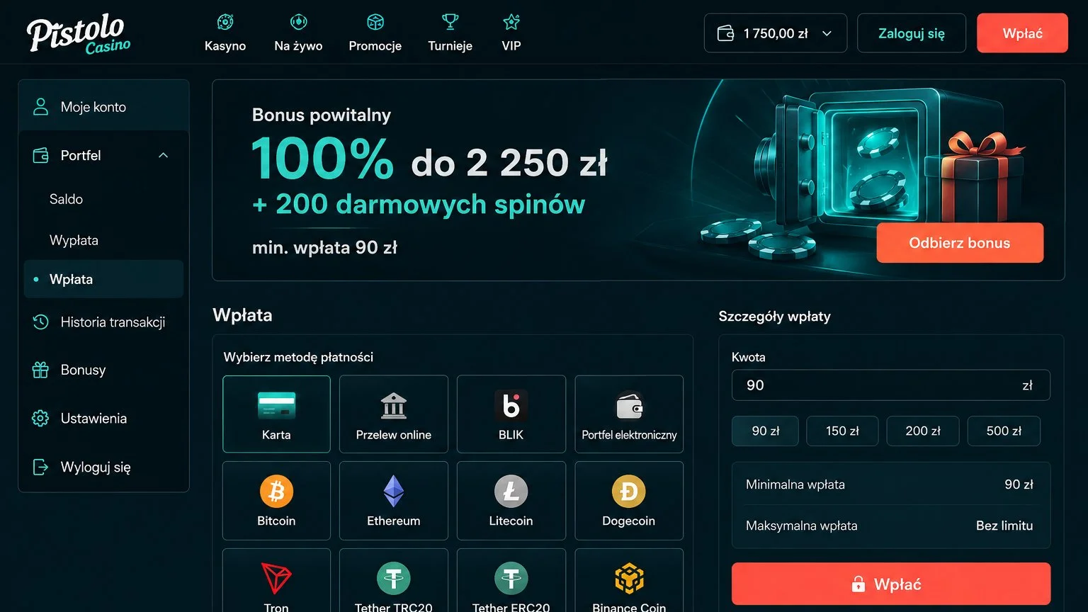 Wpłaty, wypłaty i limity transakcji w Pistolo Casino
